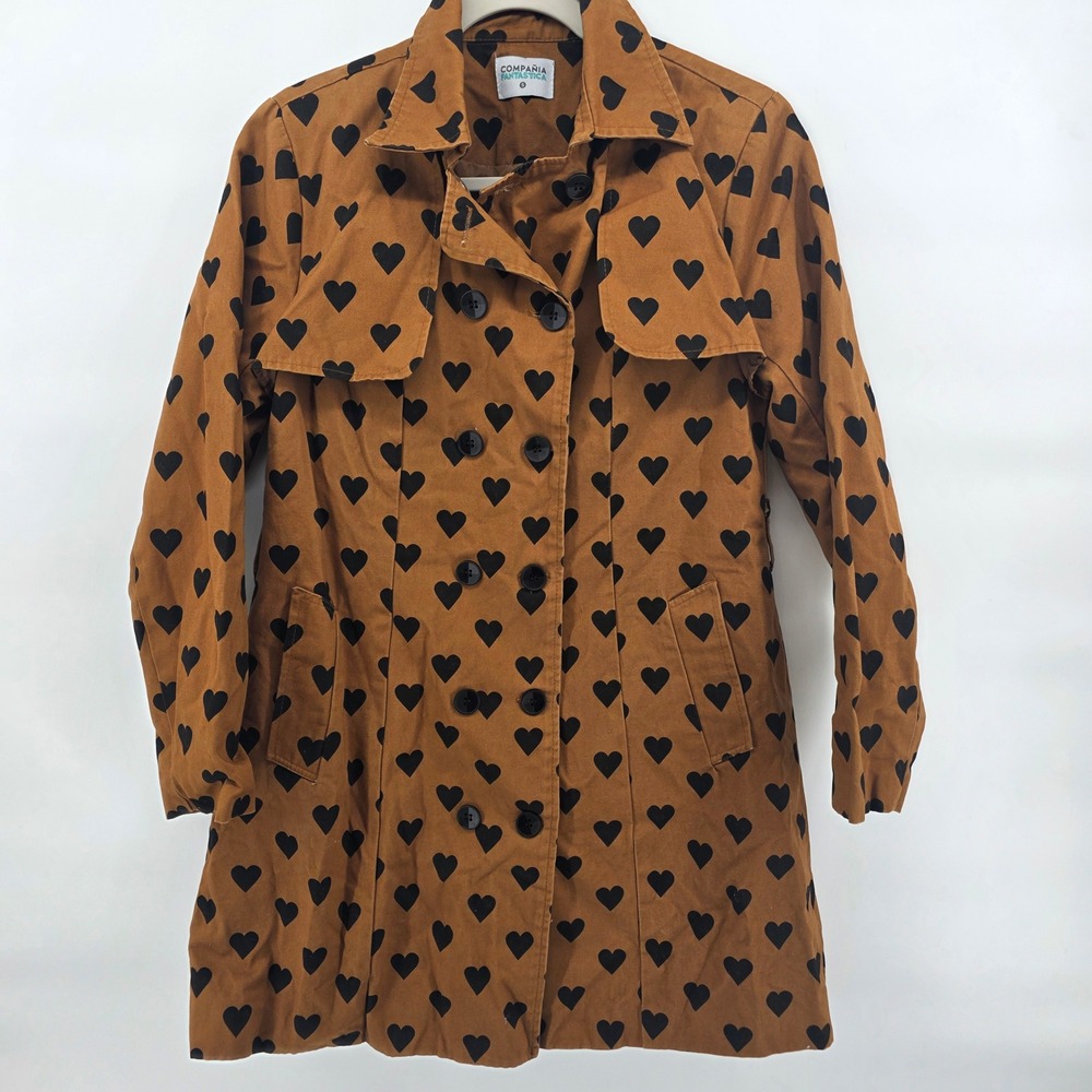 Compania Fantastica Brown‎ Black Hearts Double Breasted Trench Coat Size S
